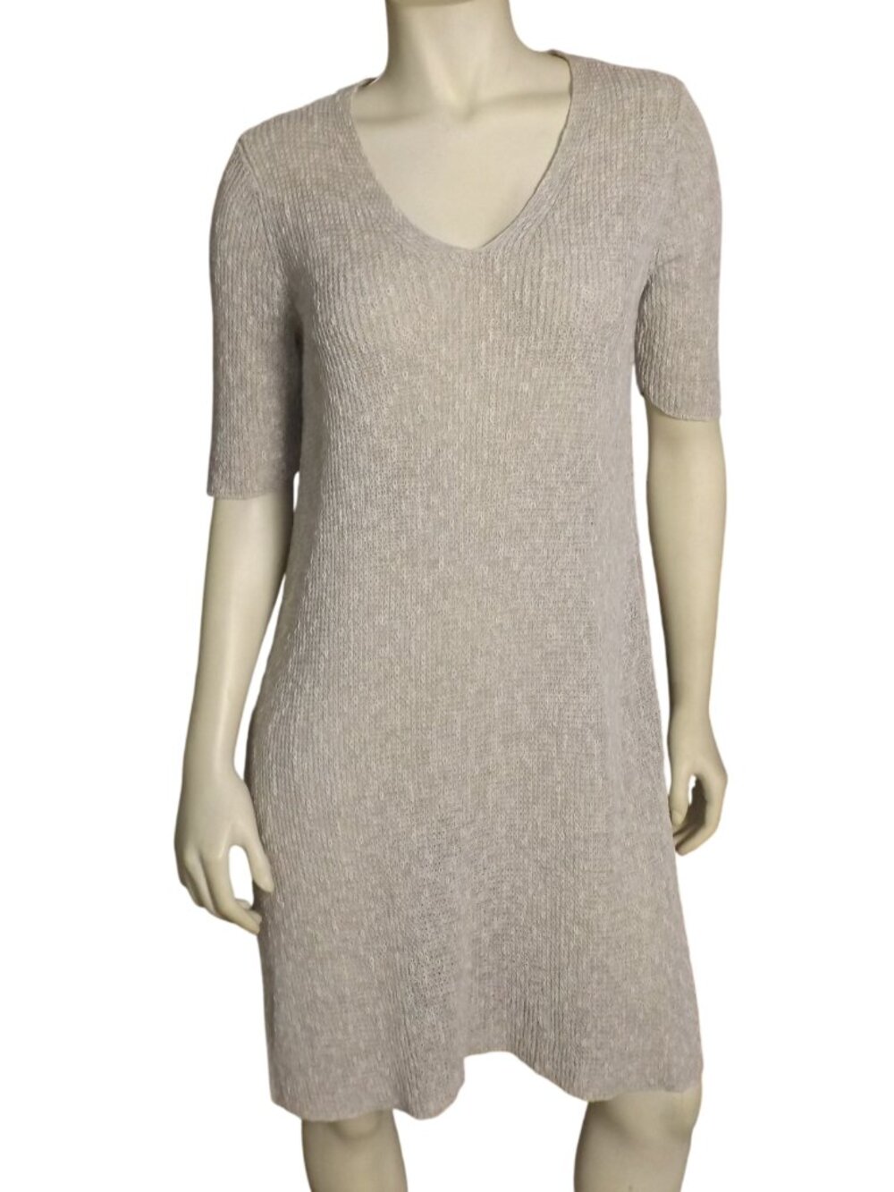 EILEEN FISHER Knit Top/Tunic, M, Oatmeal/Bone, Tall Side Vents, Short sleeves